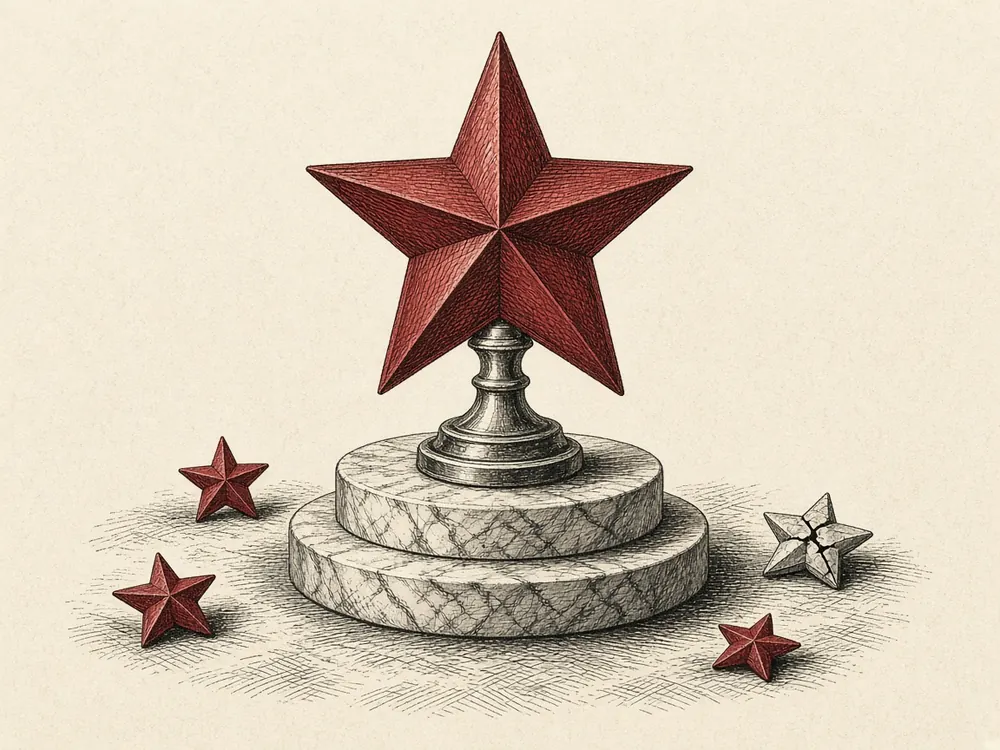 Engraving of a red star trophy on a marble plinth