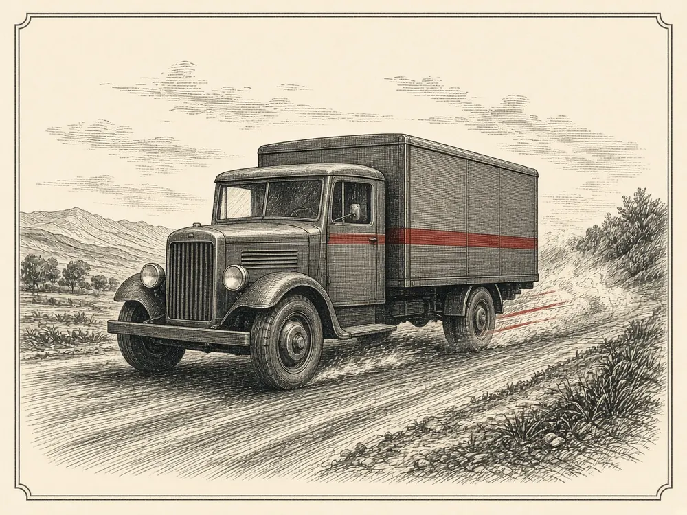 Engraving of a vintage delivery truck with a red stripe