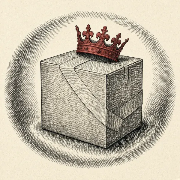 Engraved portrait of a cardboard box wearing a red crown