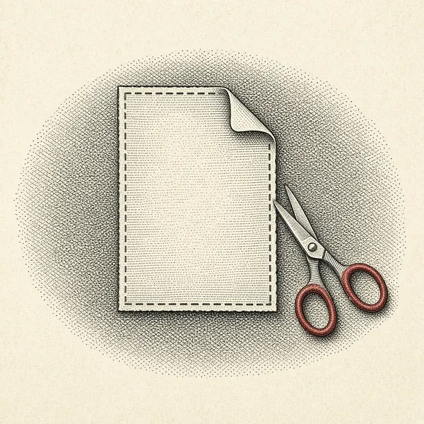 Engraved portrait of a blank paper coupon beside red-handled scissors