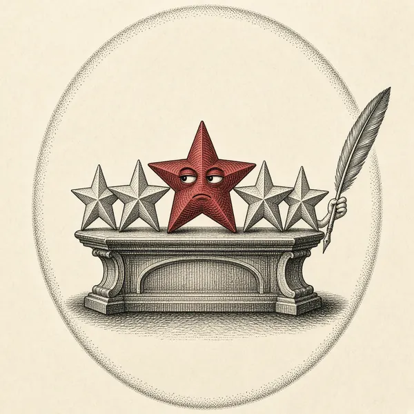 Engraved portrait of five stars on a pedestal, the middle one red and holding a quill