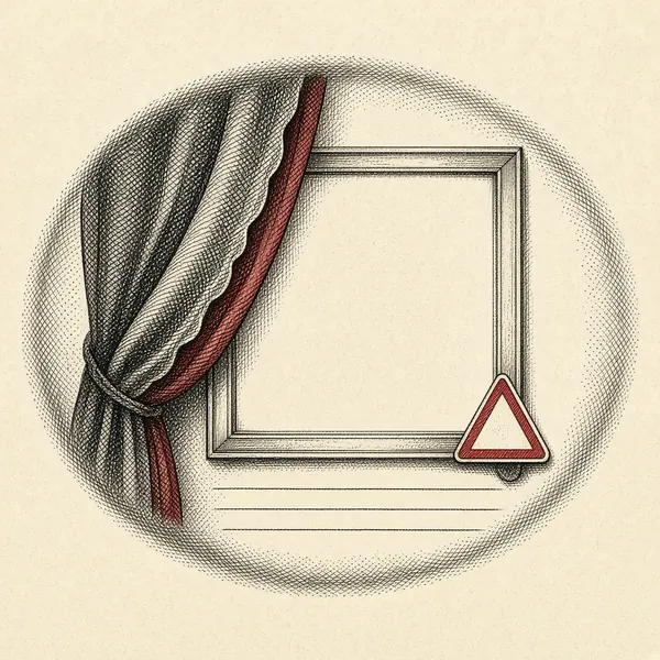 Engraved portrait of a blank product listing peeking out from behind a curtain, with a red warning triangle