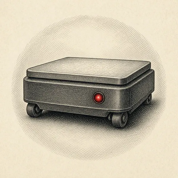 Engraved portrait of a squat warehouse robot with one red indicator light