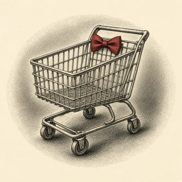 Engraved portrait of Wendell Wheelwright, a steel shopping cart wearing a red bow tie